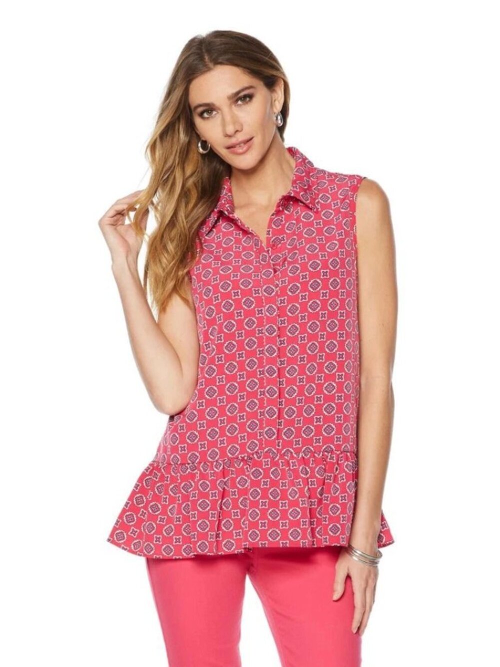 DG2 by Diane Gilman Pink Foulard Print Peplum Tunic Blouse Size L